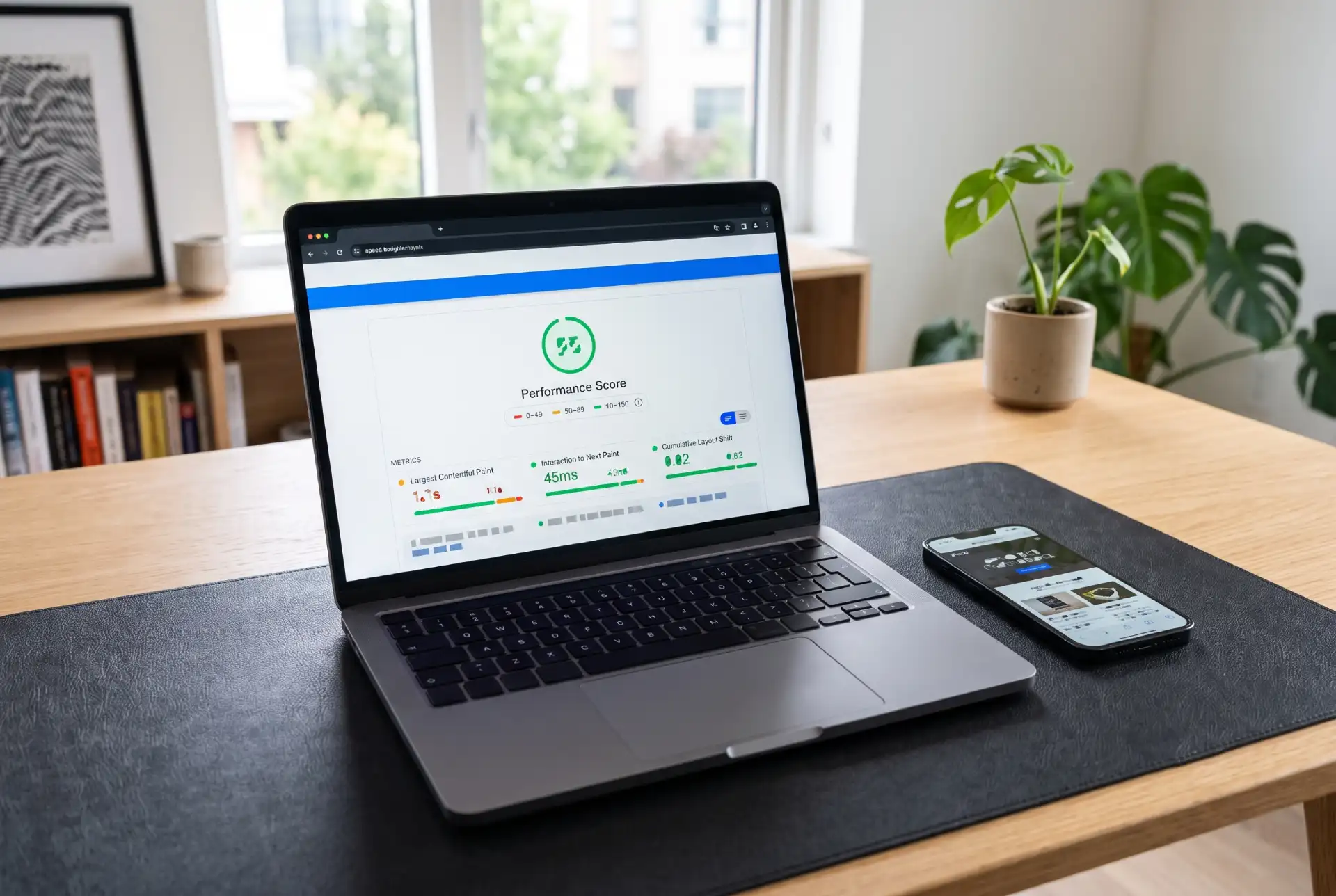 Laptop displaying PageSpeed Insights dashboard with green performance scores, beside a smartphone showing the same site on mobile