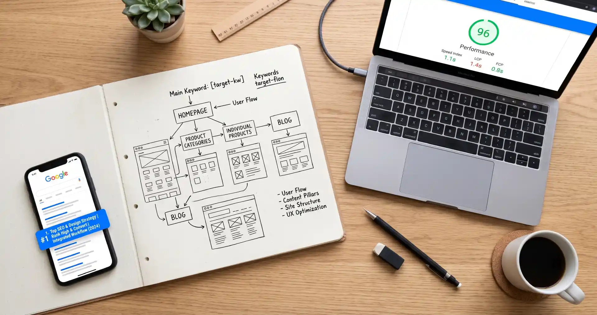 SEO and web design integration guide — desk workspace with site architecture diagram, keyword research notes, and laptop showing page speed performance dashboard