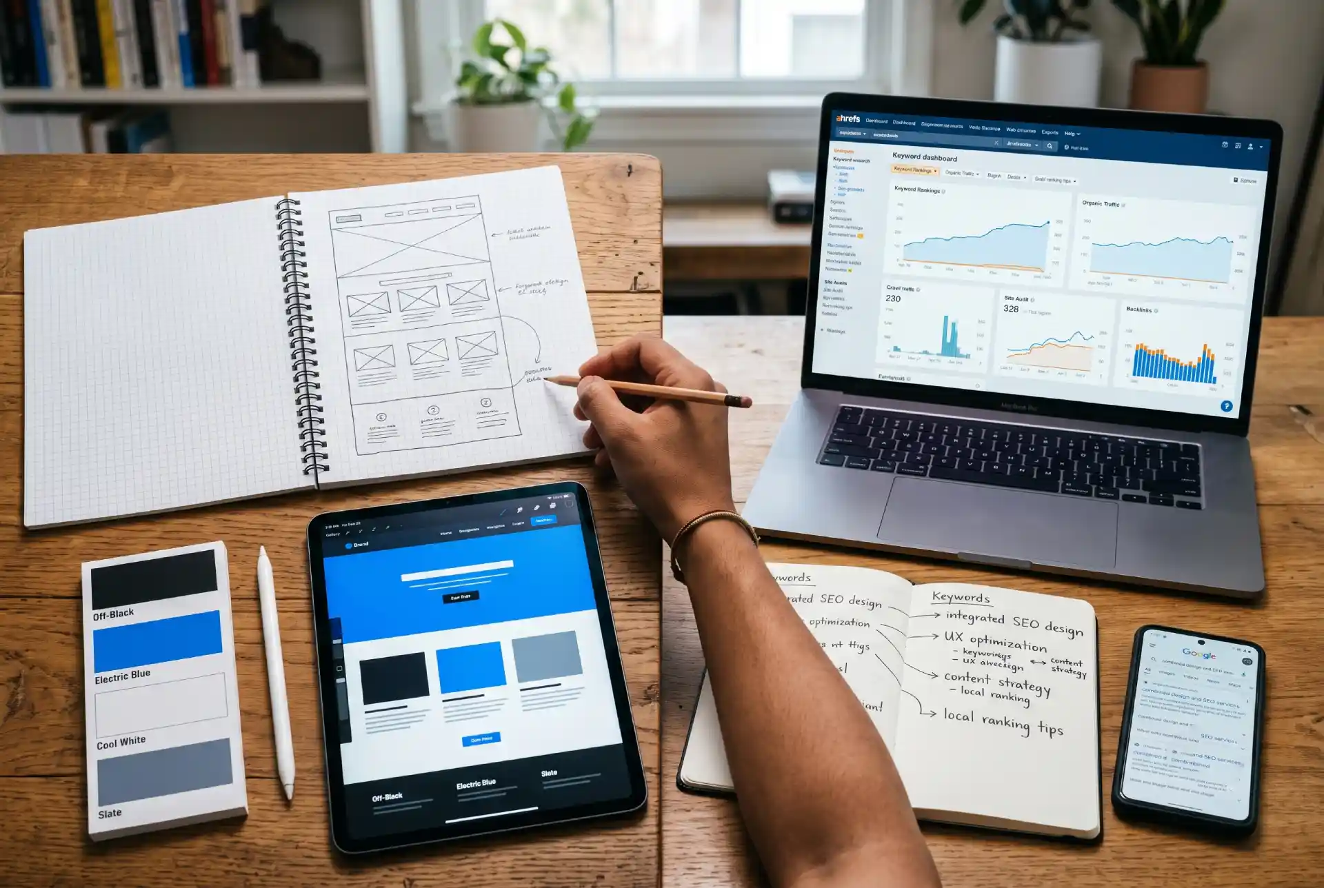 Split workspace showing the dual workflow — left side wireframe sketches and design tools, right side SEO dashboard and keyword notes