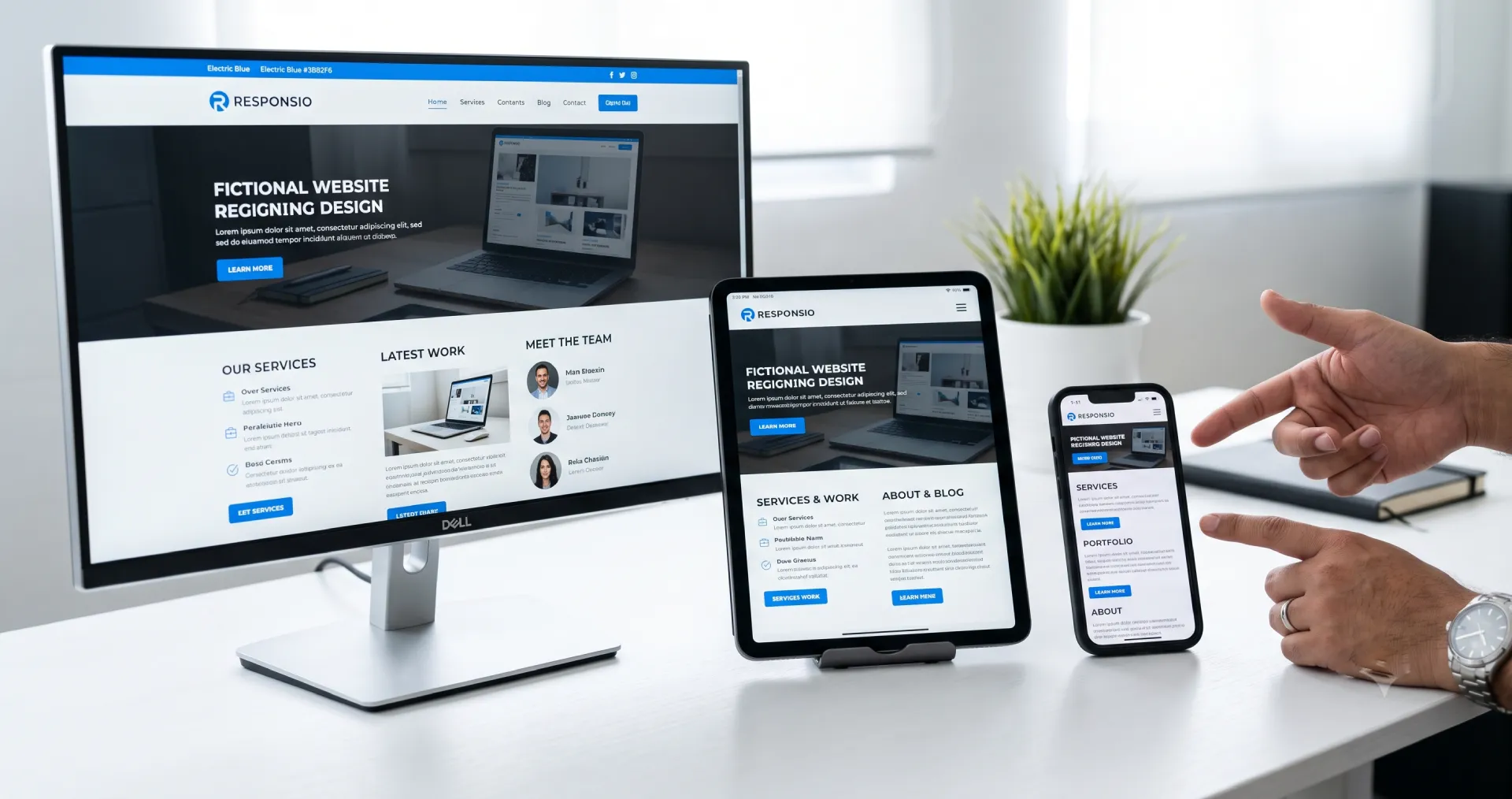 UI design principles for responsive websites — three devices showing the same website adapting fluidly across desktop, tablet, and mobile screen sizes