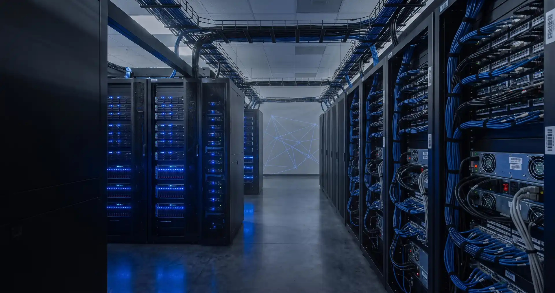 Modern data center server racks illuminated by Electric Blue indicator lights, with a subtle overlay suggesting digital connectivity to the Philippines
