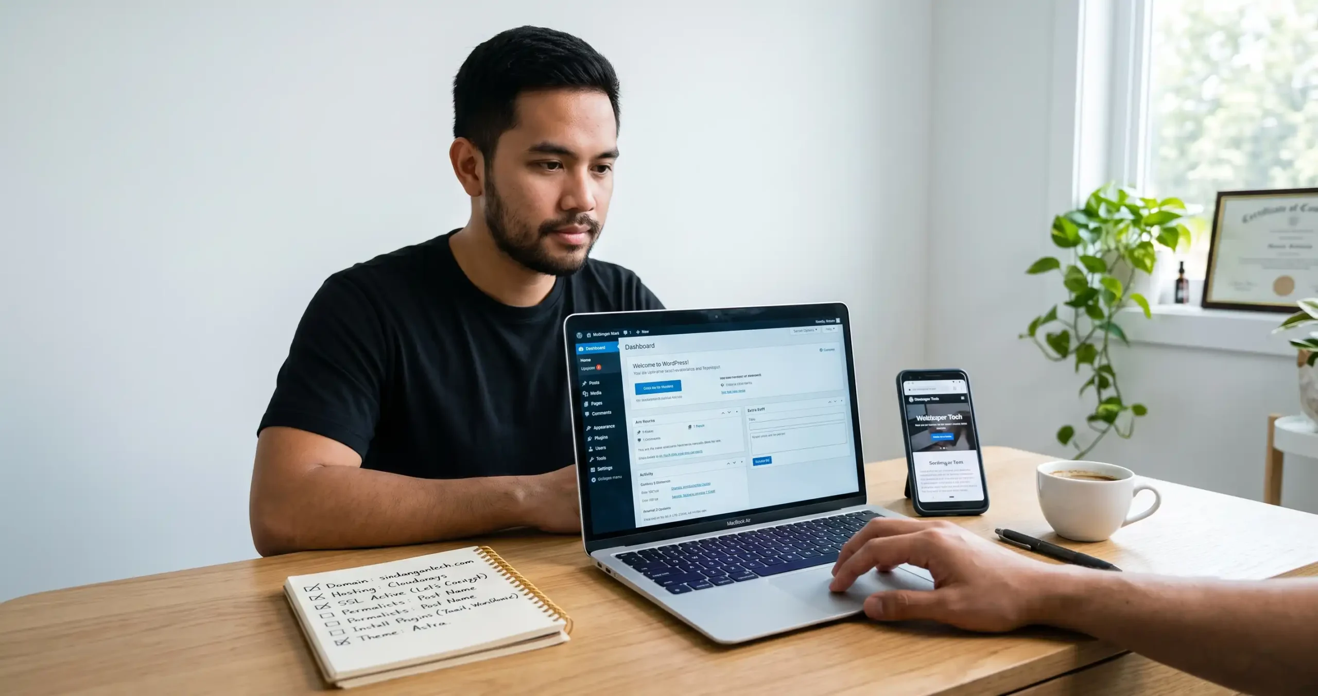 Step-by-step WordPress publishing guide. Filipino web designer at a clean desk with laptop showing WordPress dashboard, domain and hosting setup checklist visible