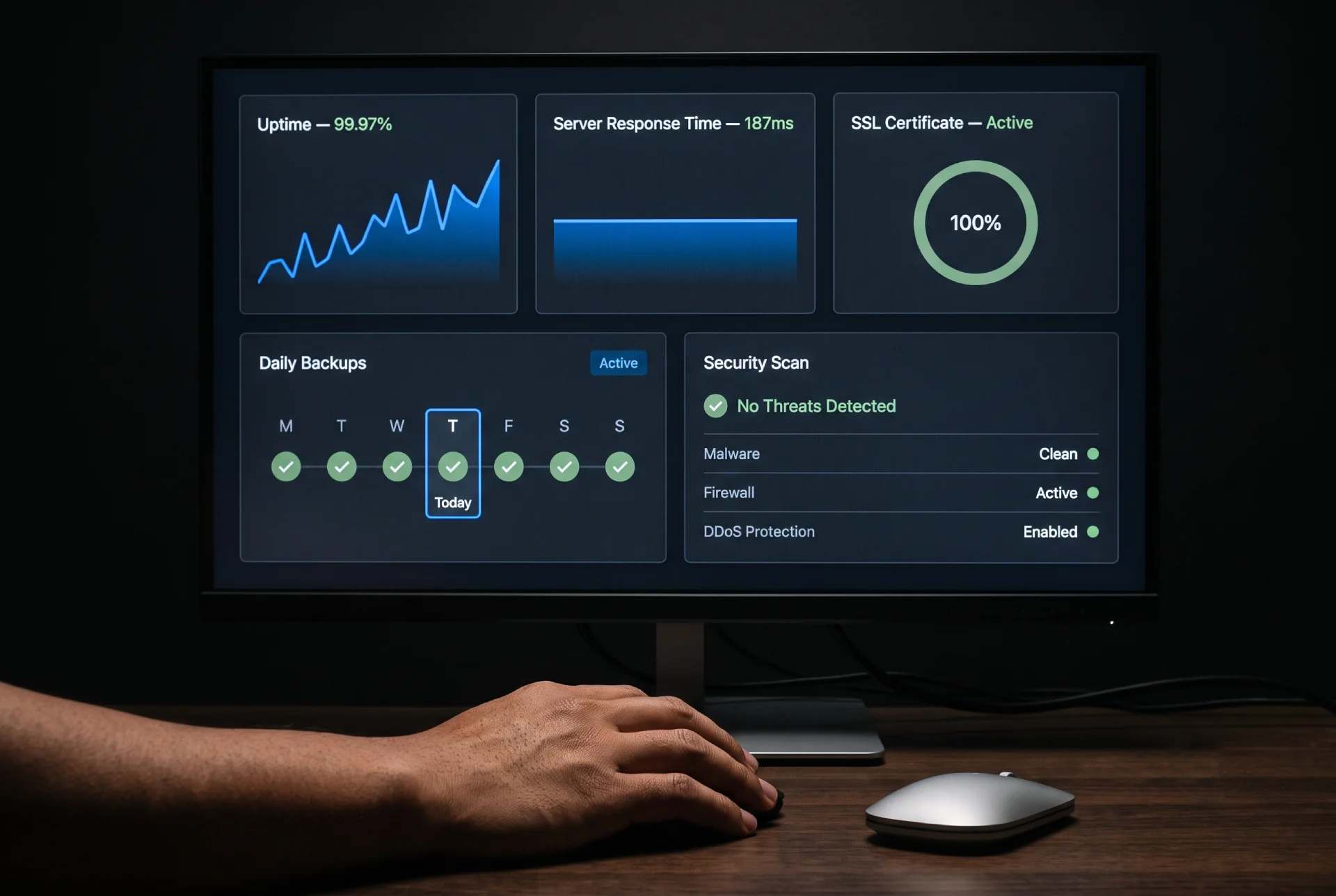 Hosting control panel dashboard on a monitor screen displaying uptime statistics, server response time graphs, SSL certificate status, and backup records — all rendered as abstract data visualizations with Electric Blue accents