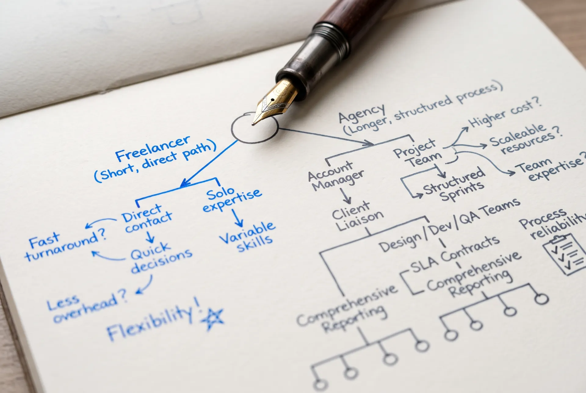 Clean decision flowchart — two paths diverging, freelancer and agency, with simple criteria labels