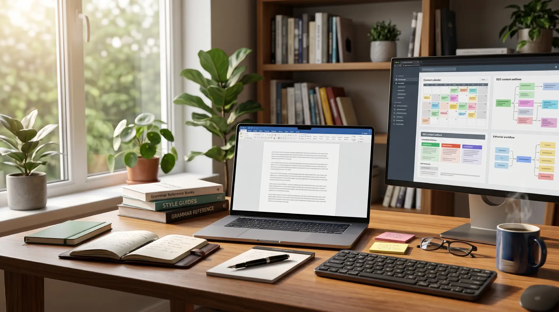 Content writing workspace with a laptop displaying a document, editorial planning dashboard, notebooks, reference books, and a bright home office environment.