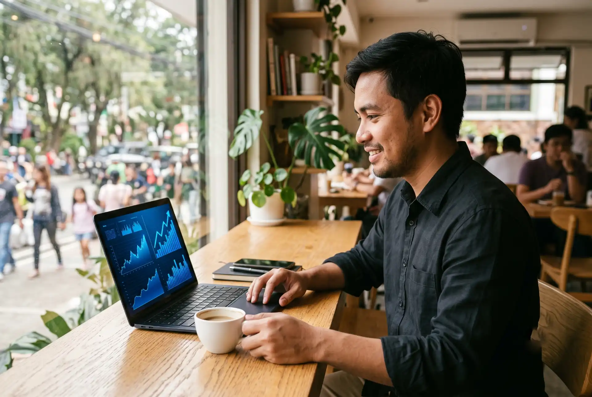 Filipino small business owner reviewing website analytics on a laptop with growth metrics