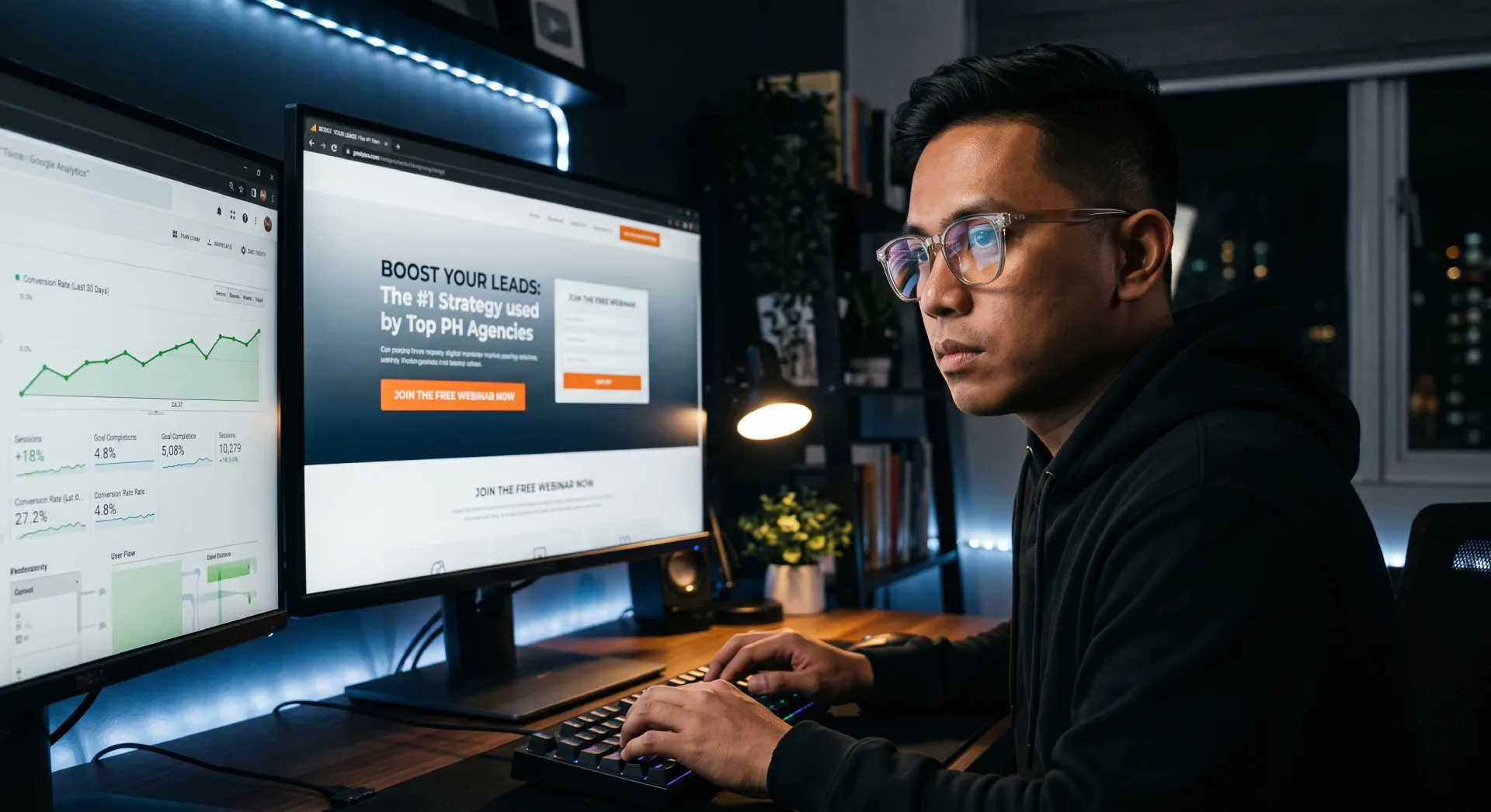 Filipino digital marketer analyzing website performance and lead generation data on dual monitors in a modern workspace at night