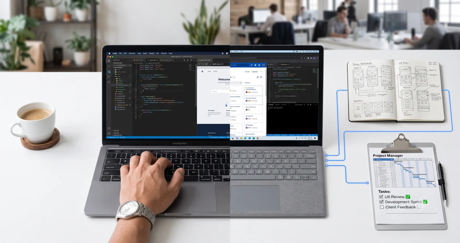 Freelance web designer vs agency comparison — single desk setup representing freelancer on left, team workspace representing agency on right