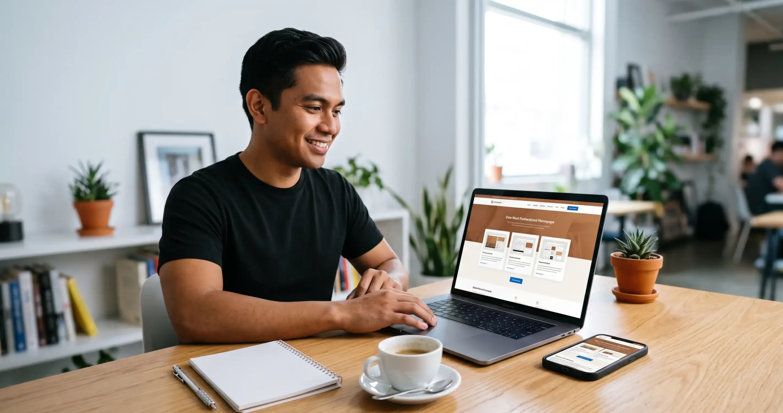 Filipino small business owner reviewing a newly published WordPress website on a laptop at a clean modern desk in Baguio City