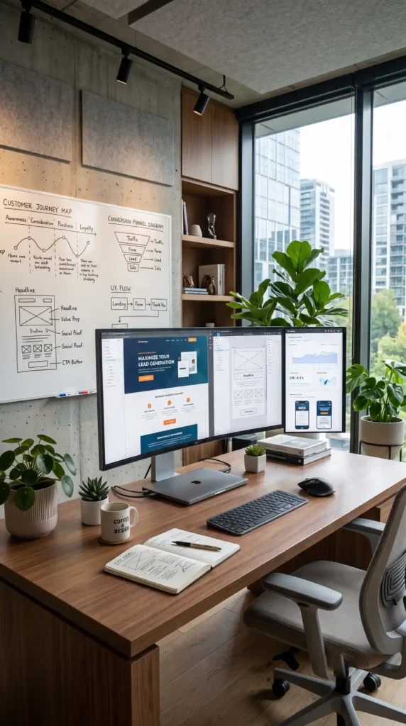 Modern workspace with dual monitors displaying landing page design, wireframes, analytics dashboard, and conversion funnel planning for lead generation campaigns.