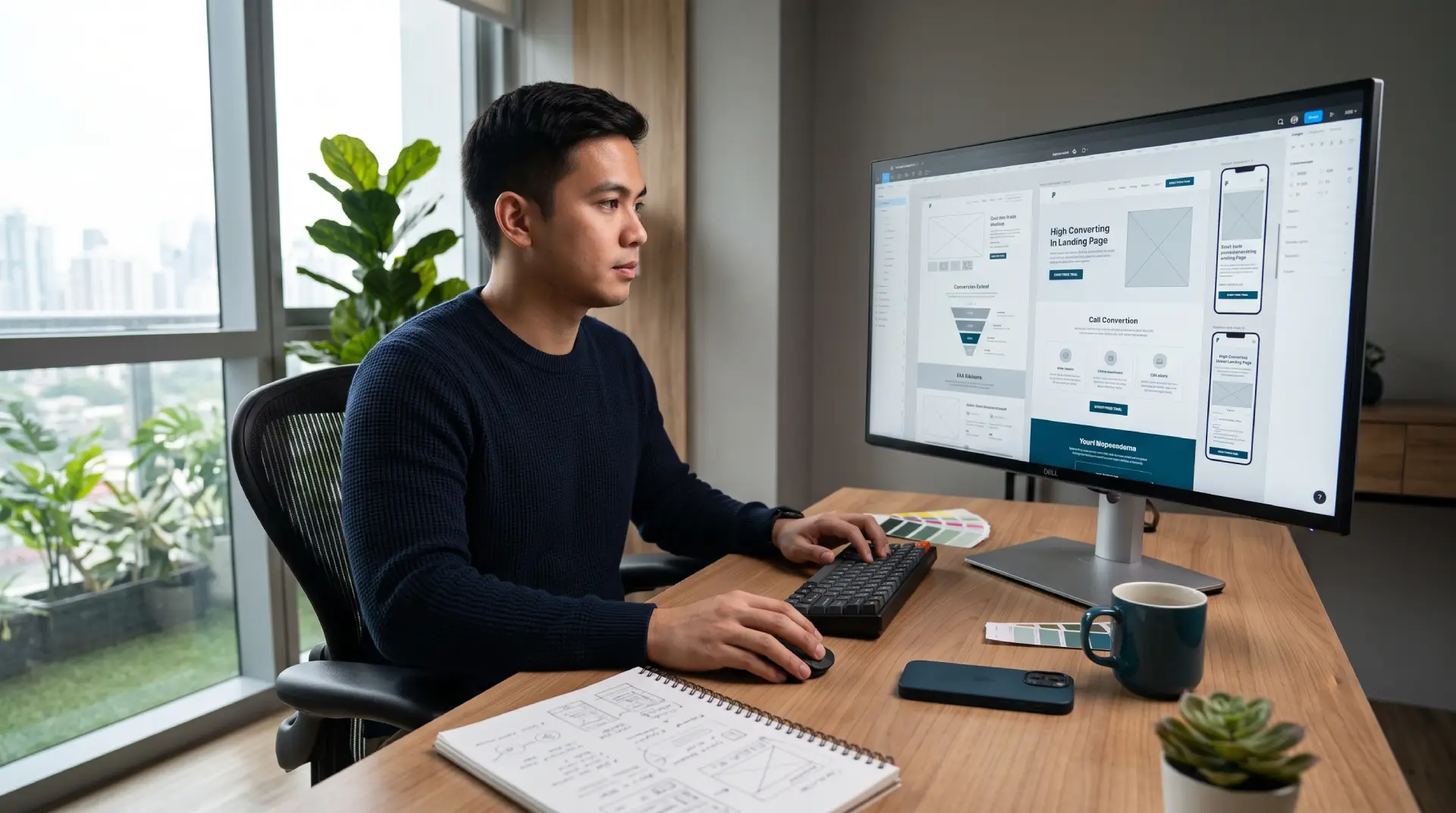 Landing page designer creating a high-converting landing page on an ultrawide monitor with wireframes, conversion funnel layout, and responsive mobile preview.