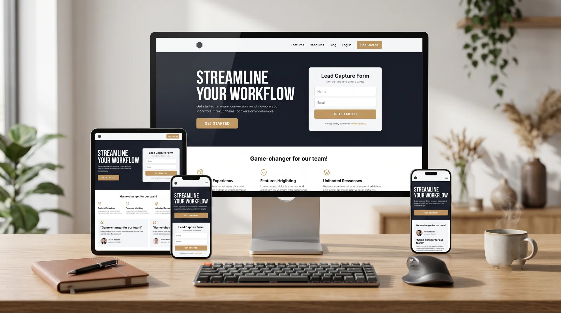 Responsive landing page design displayed on a desktop monitor, tablet, and smartphones, showcasing a high-converting lead capture page optimized for all screen sizes.