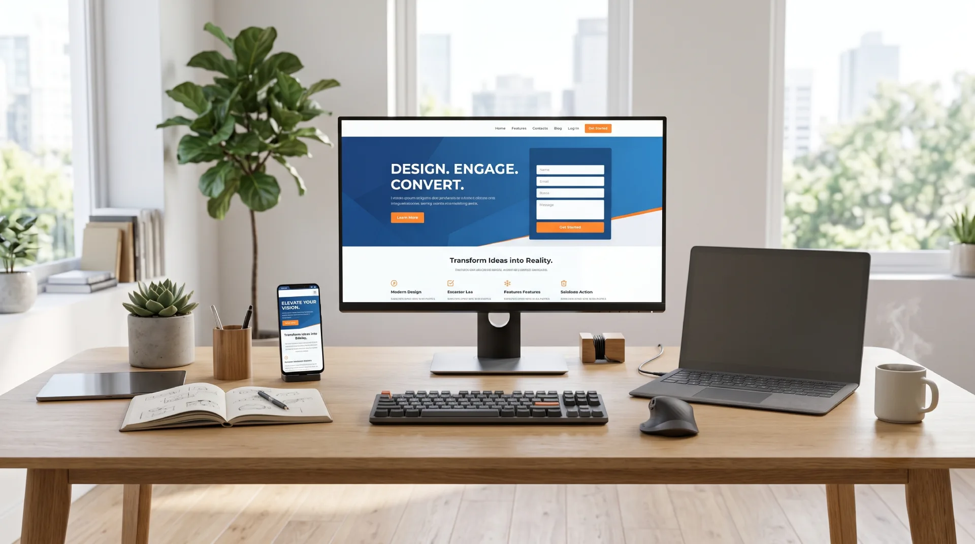Clean desktop setup displaying a responsive landing page design on a monitor with mobile preview, laptop, notebook, and modern office decor.