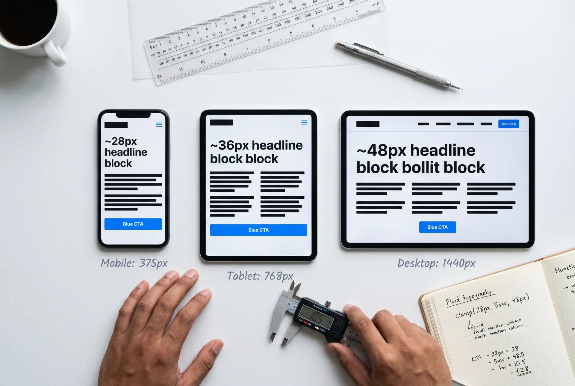 Close-up comparison of responsive typography scaling — a website headline displayed at three different sizes across desktop, tablet, and mobile viewports, with CSS clamp() values and font metrics annotated alongside each example