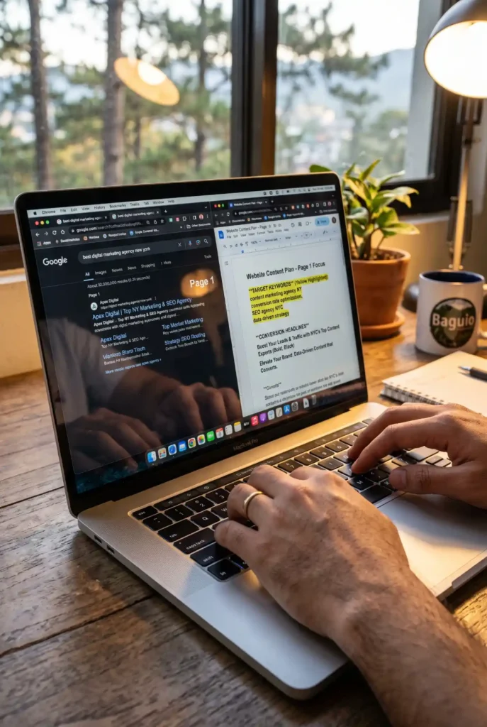 Laptop showing Google search results alongside a website content plan with highlighted SEO keywords on a desk near a window in Baguio