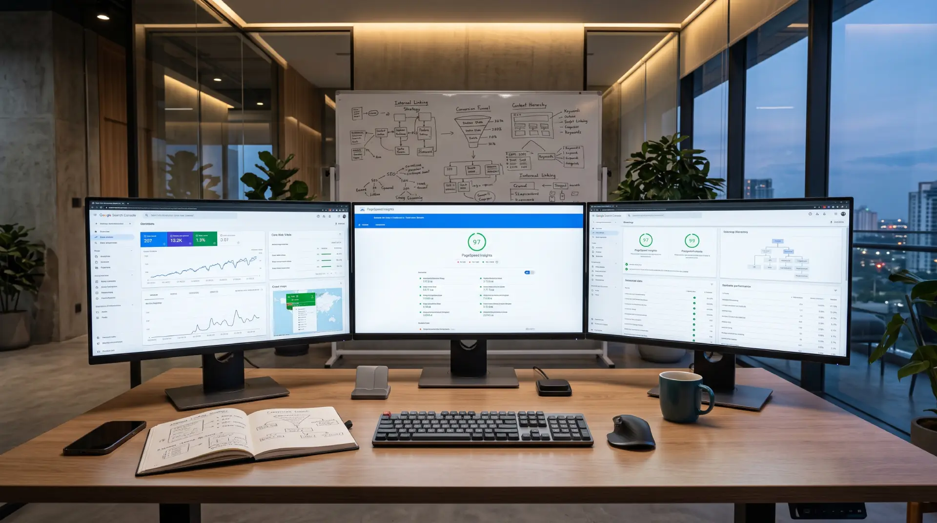 Three monitors displaying Google Search Console, PageSpeed Insights, and technical SEO reports for website performance optimization and Core Web Vitals analysis.