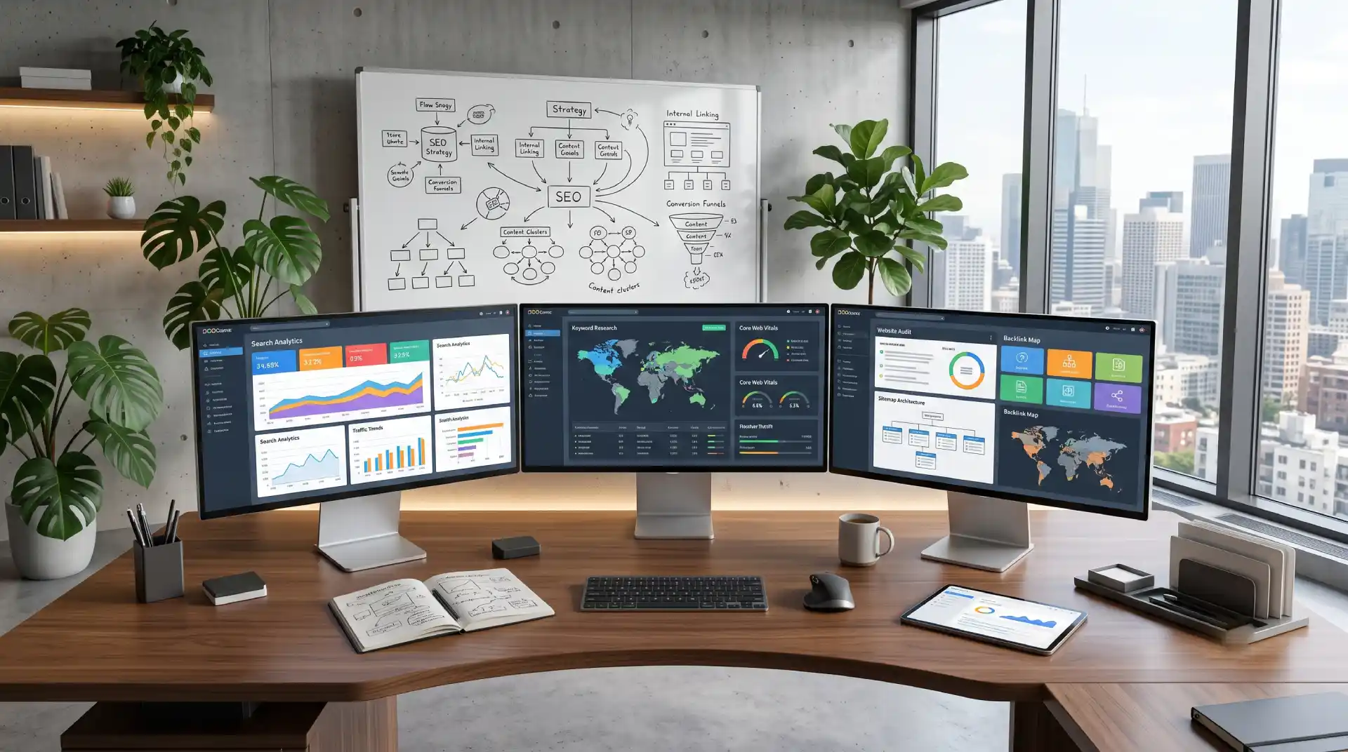 SEO analytics workstation with multiple monitors showing keyword research, website performance dashboards, traffic reports, and search optimization strategy.