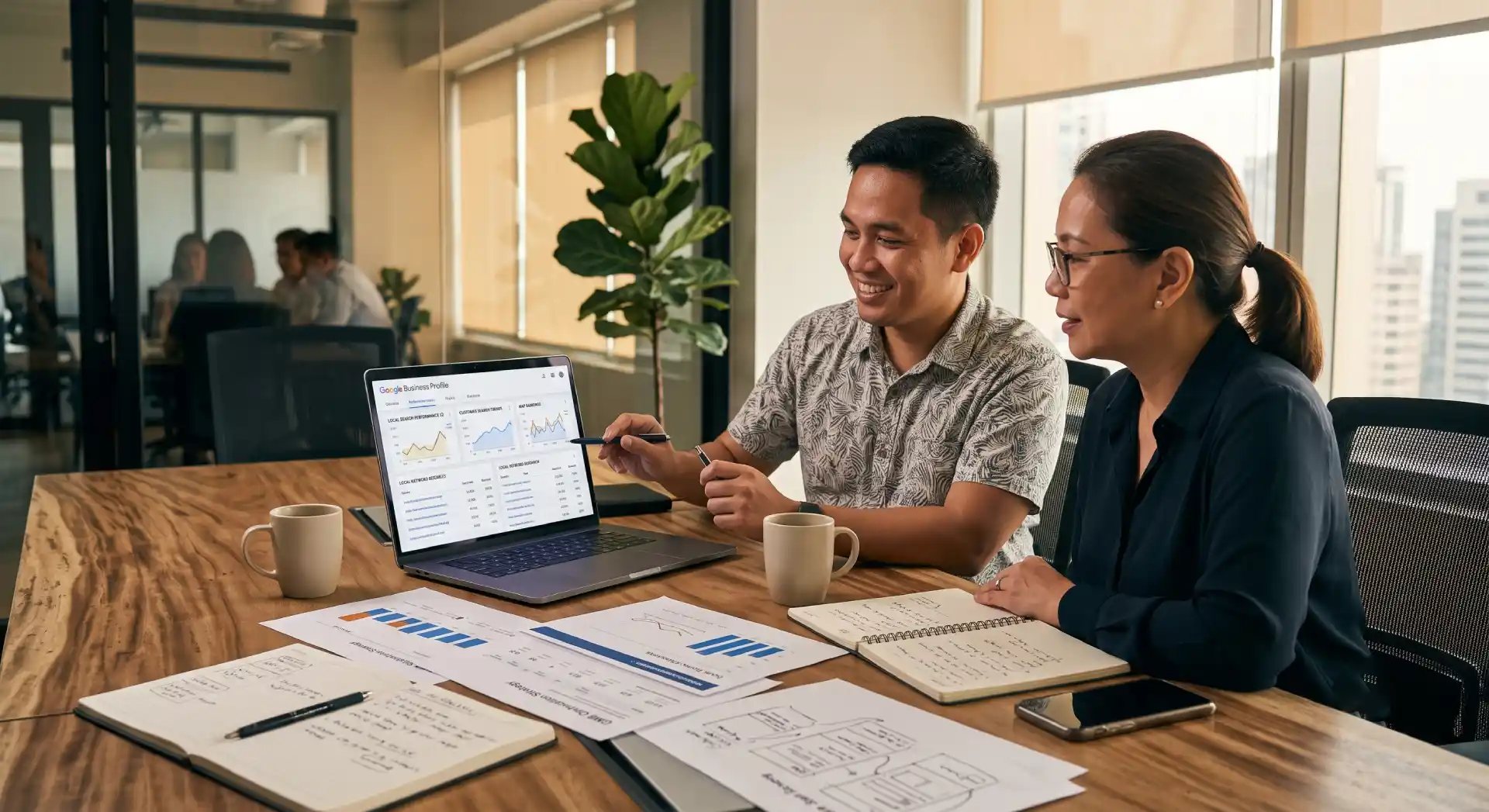 SEO consultant reviewing local SEO performance, Google Business Profile insights, and website analytics with a client during a digital marketing strategy meeting.