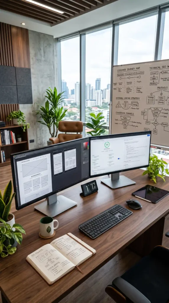 Modern SEO workspace with dual monitors showing website wireframes, technical SEO reports, conversion funnel planning, and website optimization dashboards.