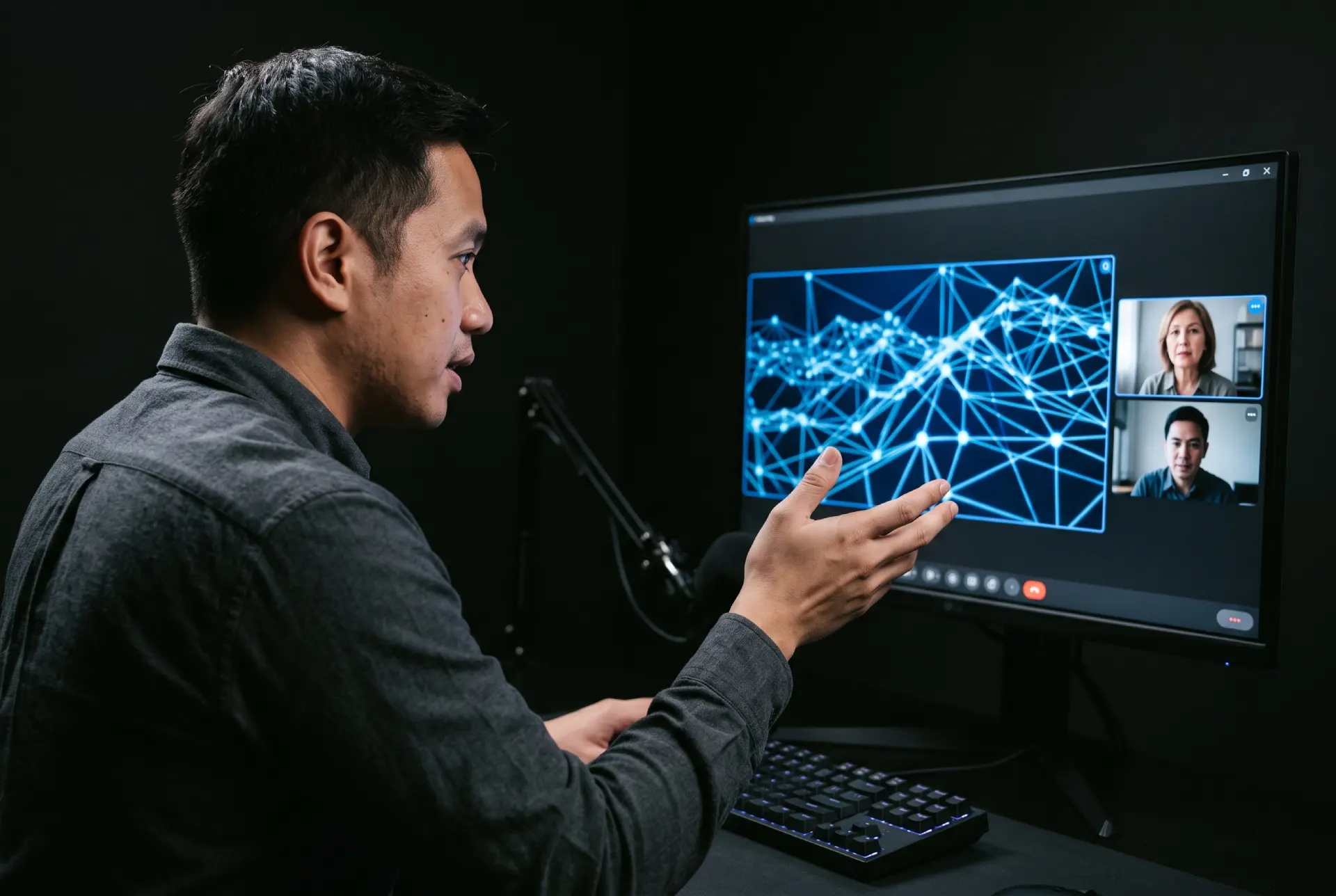 Filipino freelance web designer on a video call with an international client