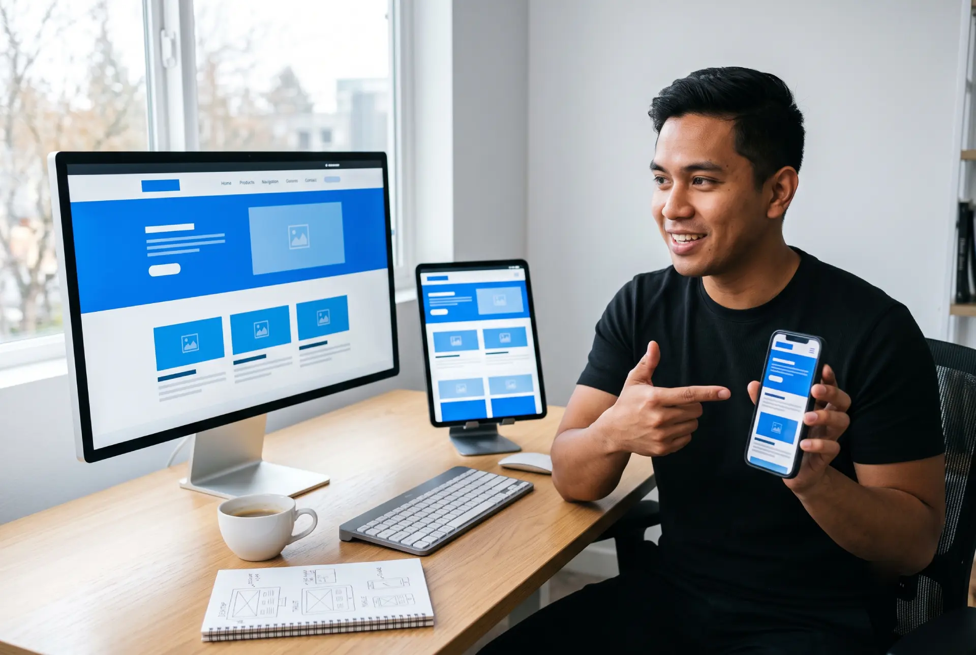 Filipino web designer reviewing responsive website layouts across a desktop monitor, tablet, and smartphone simultaneously — the same homepage adapting fluidly to three different screen sizes, demonstrating responsive web design principles in action