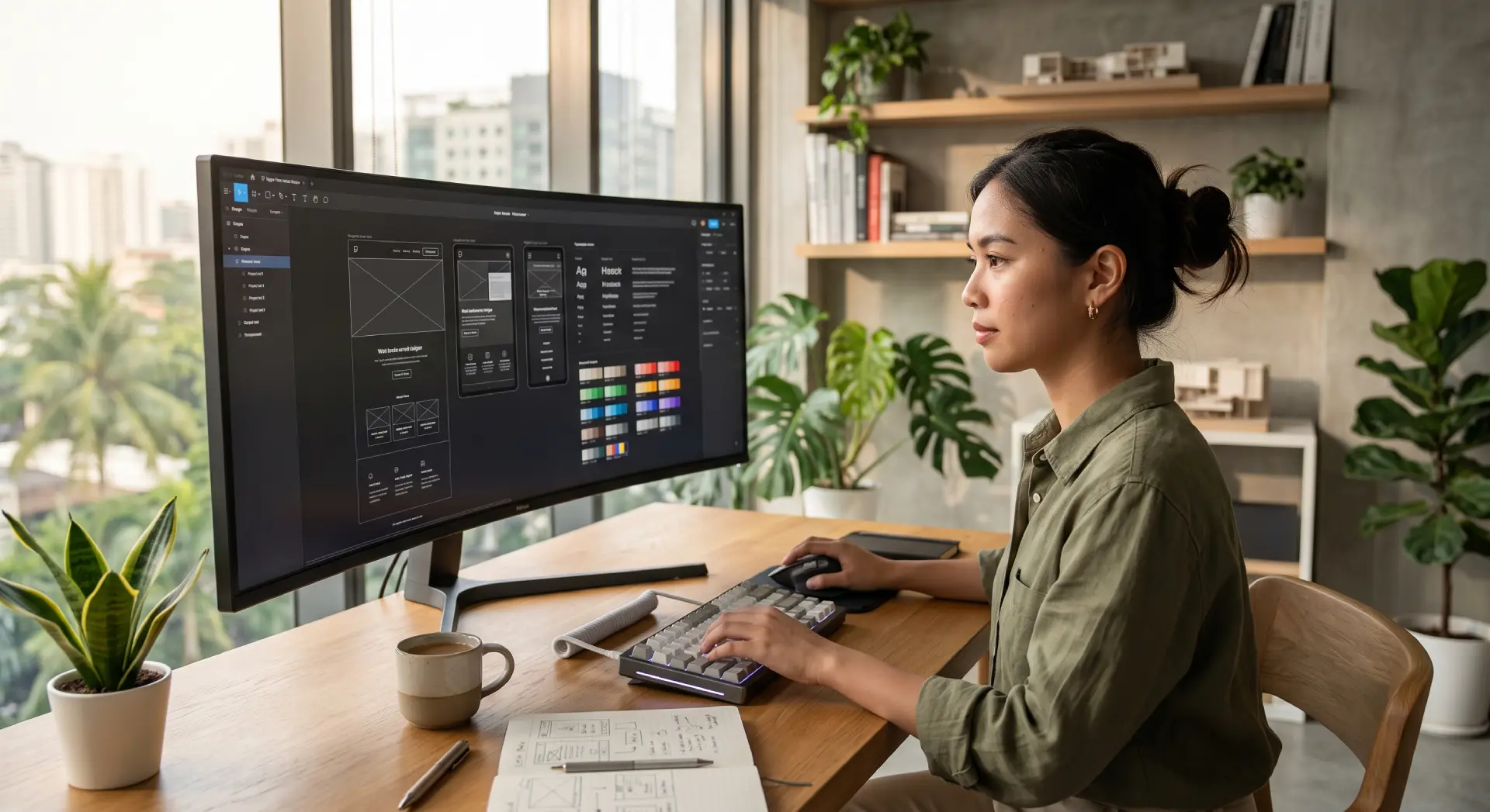 Professional UI/UX designer creating website wireframes and design systems on a widescreen monitor in a modern office.
