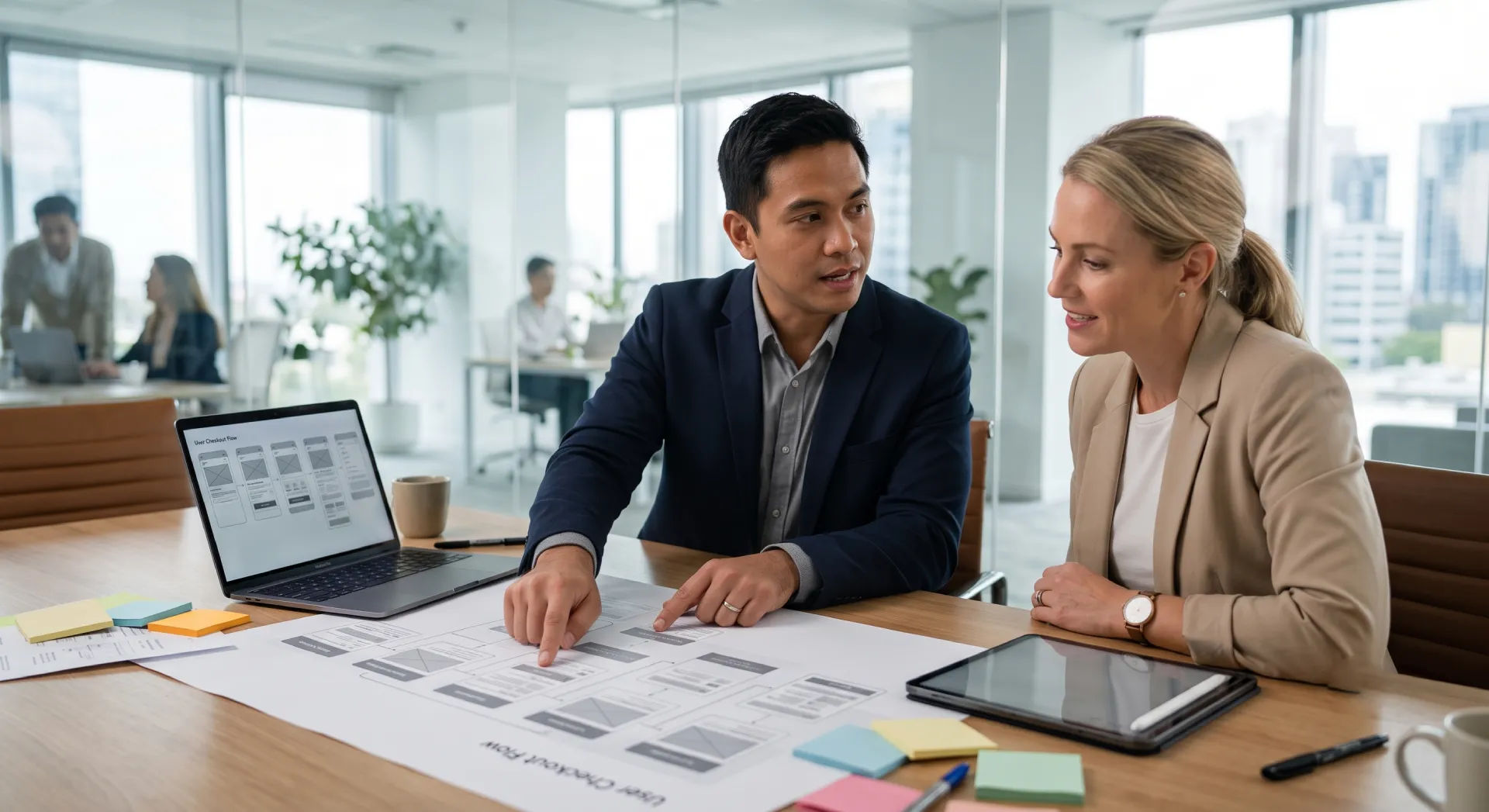 UI/UX designer reviewing website wireframes and user experience layouts with a client during a collaborative design consultation.
