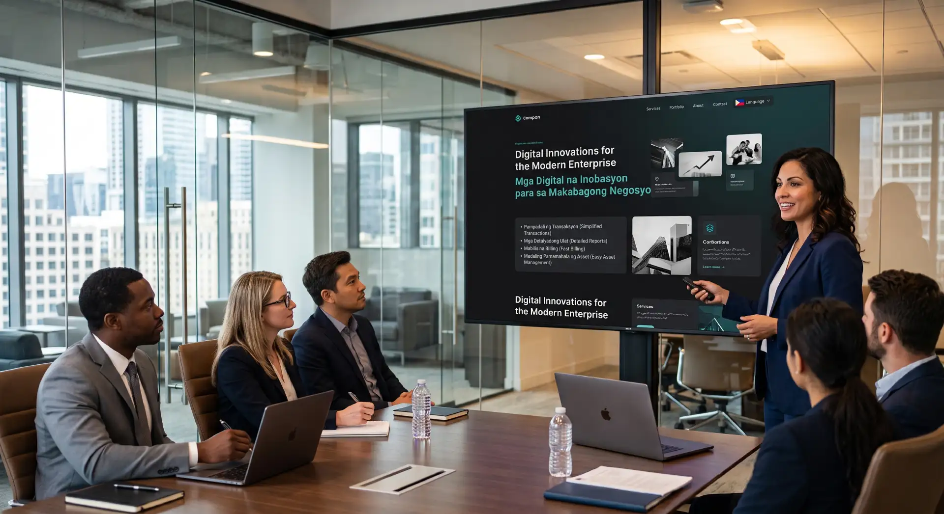 UI/UX designer presenting a modern website interface and digital product design to clients during a business meeting.