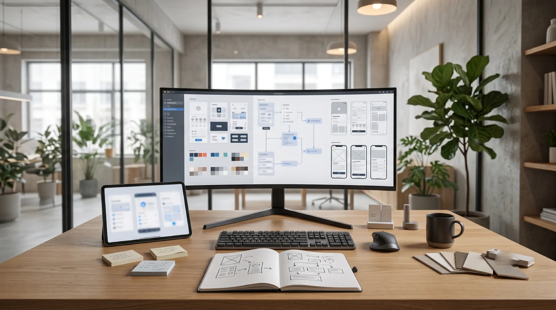 Professional UI/UX design workstation featuring user flow diagrams, mobile app wireframes, design system components, and a curved monitor in a minimalist office.