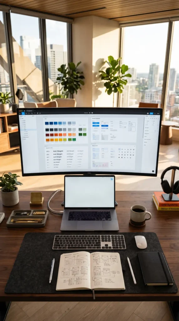 Modern UI/UX design workspace with an ultrawide monitor displaying a Figma design system, wireframe sketches, and responsive website layouts.