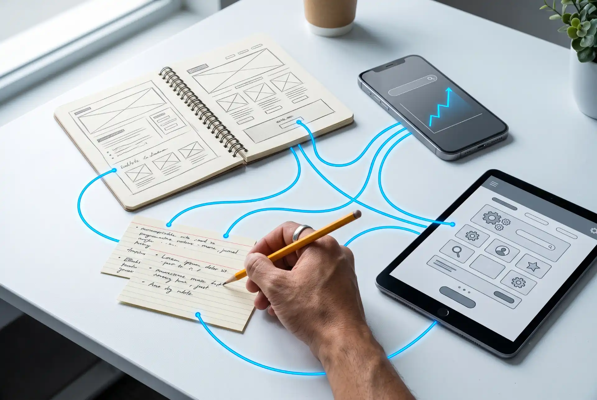Visual breakdown of cost factors — design, SEO, copywriting, and functionality as interconnected elements on a desk