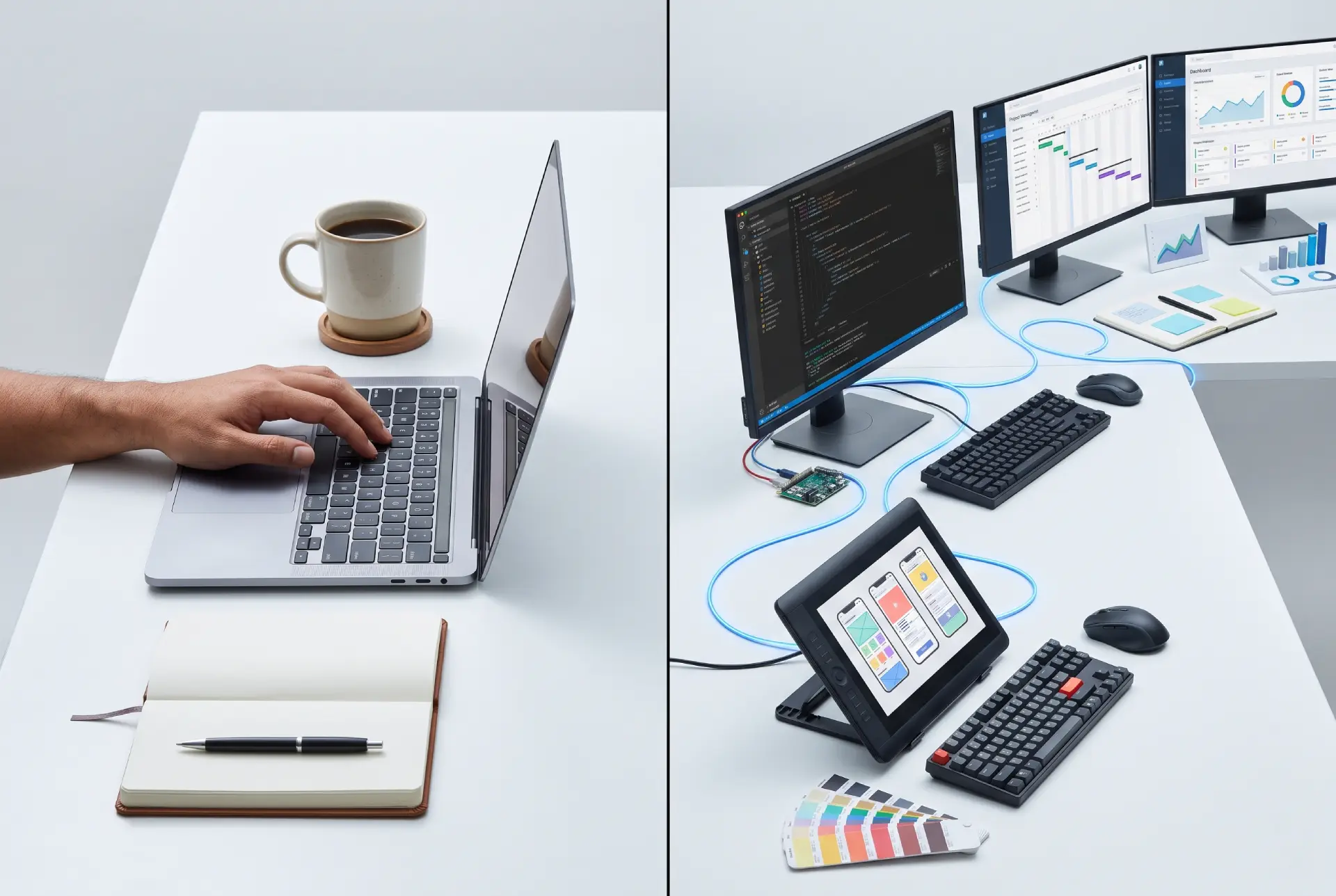 Split visual comparing freelance web designer workflow versus agency team structure