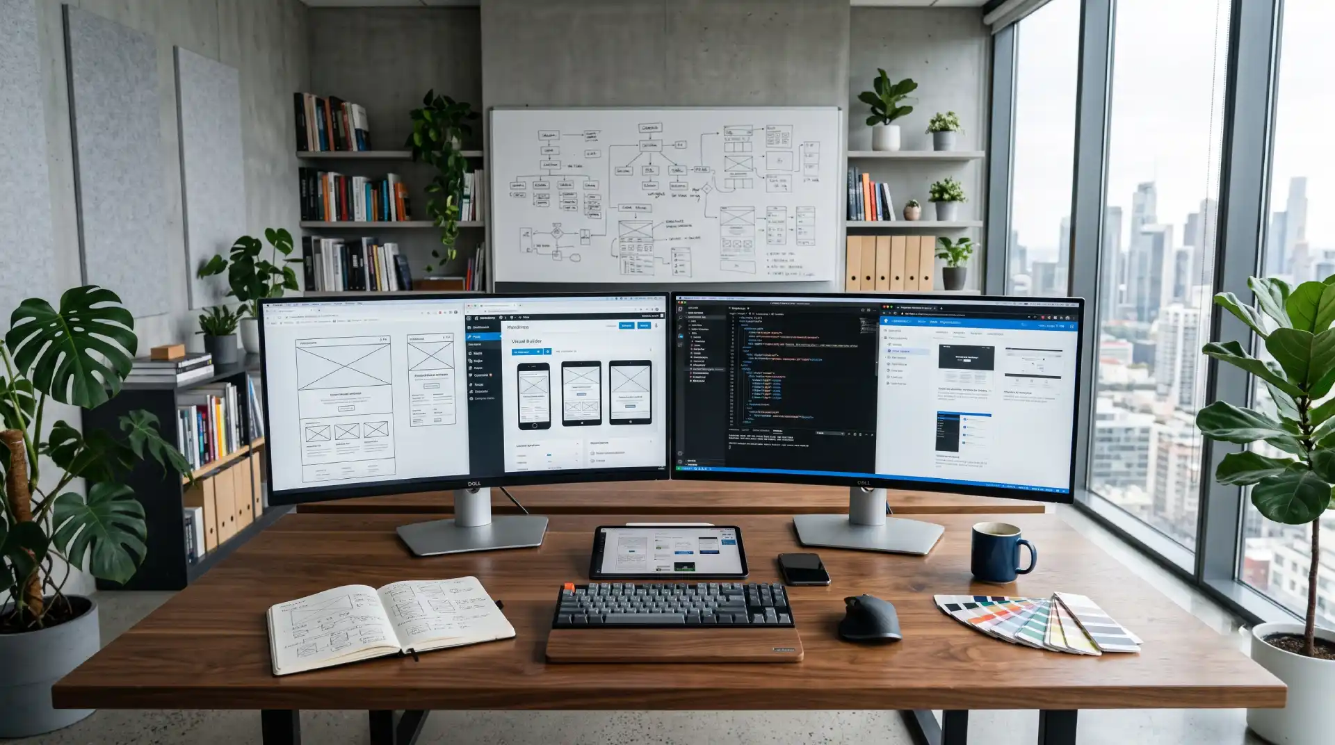 Modern web design and development workspace with three monitors displaying website wireframes, code editor, and responsive layouts in a contemporary office.