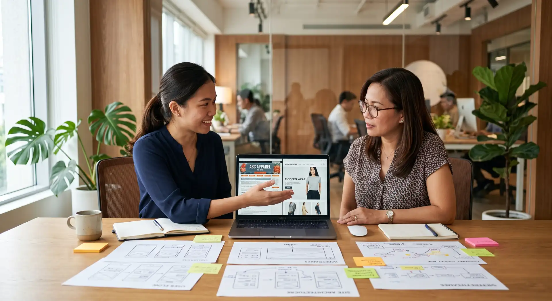 Web designer presenting a custom website design and wireframes to a client during a website planning and UX strategy meeting.
