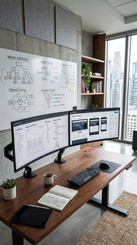 Modern web design workspace with dual monitors displaying website wireframes, WordPress layouts, content strategy, and responsive web development planning.