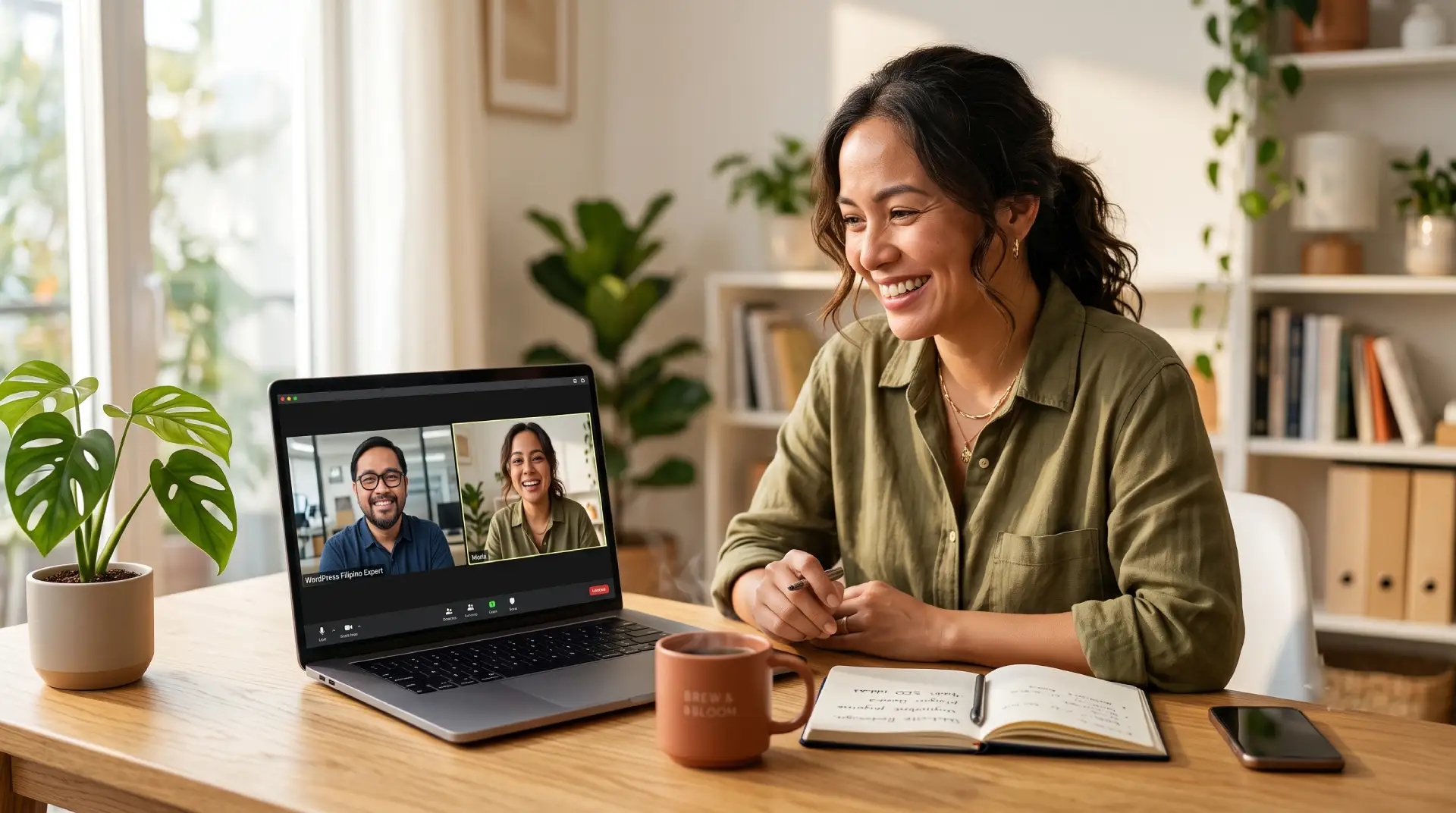 Small business owner smiling during an online video consultation with a WordPress support specialist on a laptop in a bright home office, illustrating personalized website maintenance and technical support.