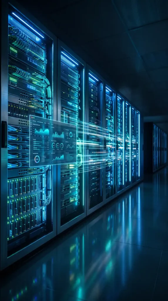 Enterprise web hosting server racks with glowing blue LED lighting, network cables, and a floating performance monitoring dashboard inside a modern data center, representing fast, secure WordPress hosting and website infrastructure.