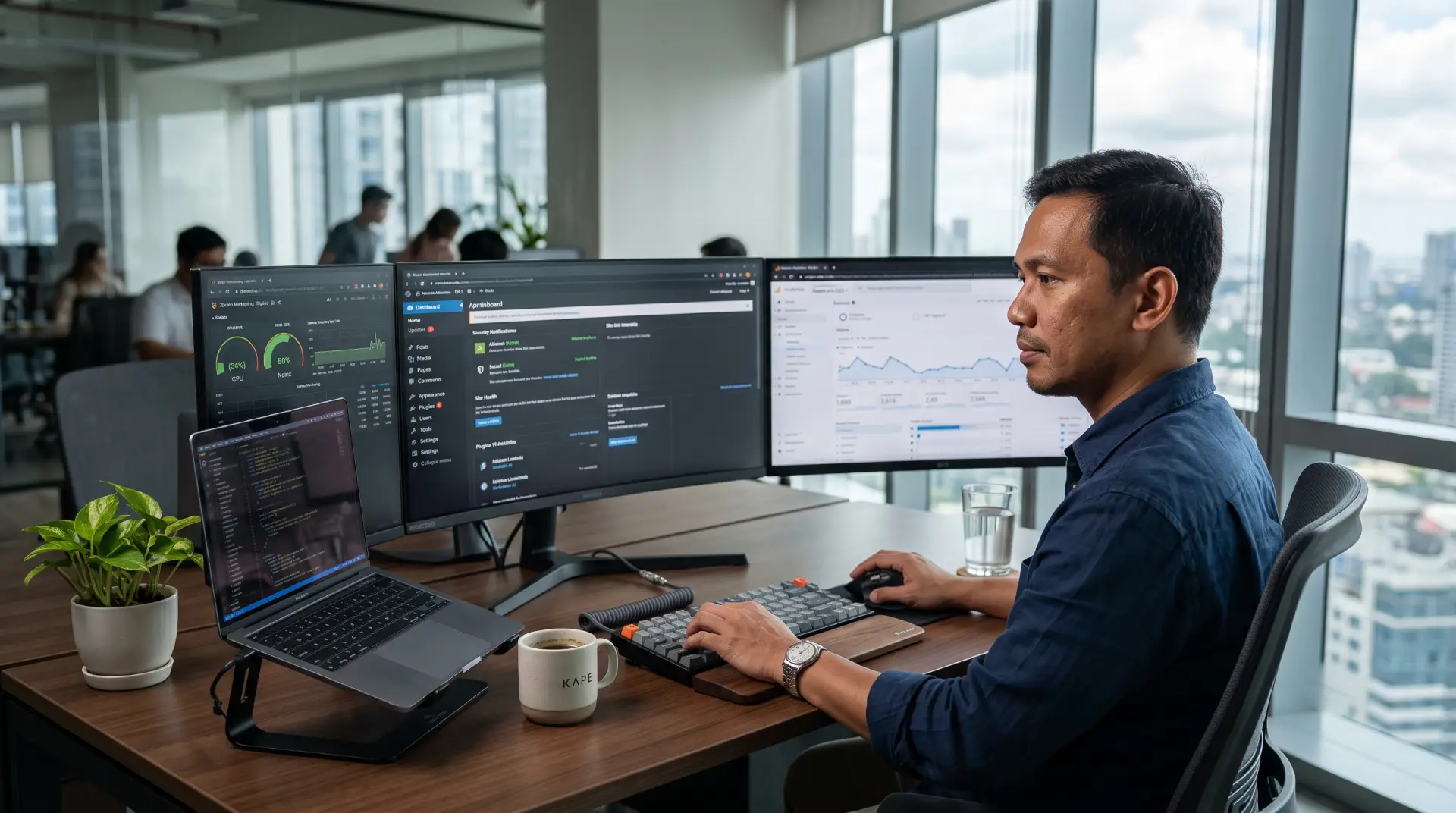 WordPress maintenance specialist working at a dual-monitor workstation displaying website performance, updates, and analytics in a modern office, providing ongoing website management and technical support.