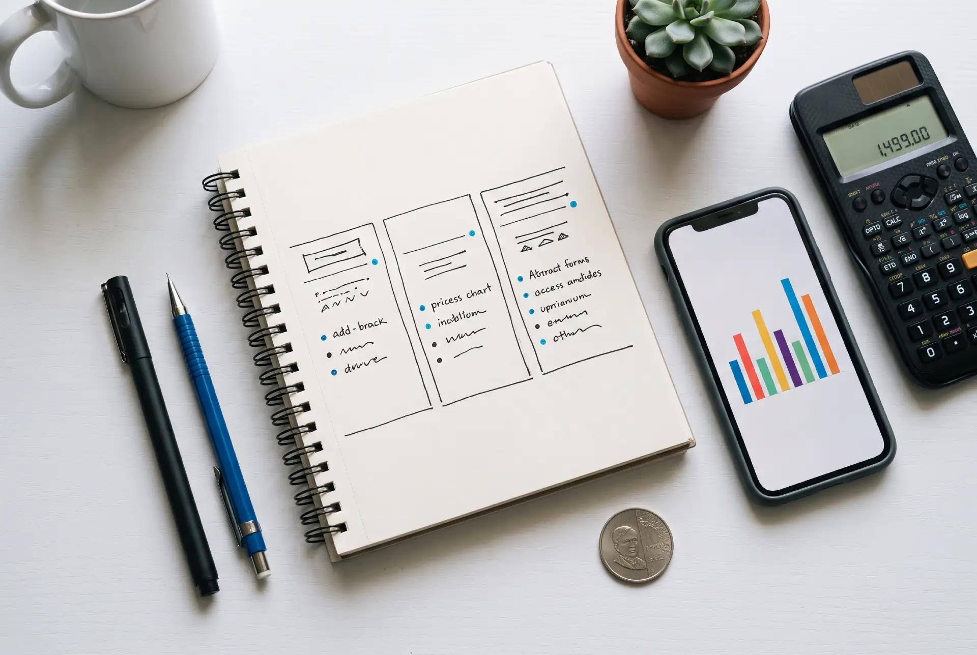 Pricing tiers infographic on a clean desk workspace with sketchpad, smartphone showing abstract bar chart, calculator, and Philippine peso coin