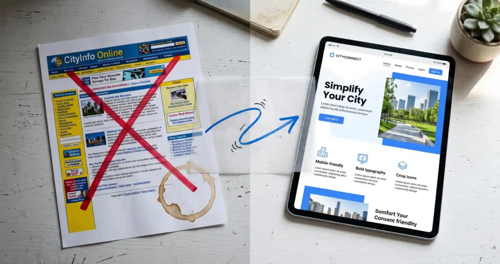 Website redesign guide Philippines — before and after comparison of an outdated website transforming into a modern high-performance site
