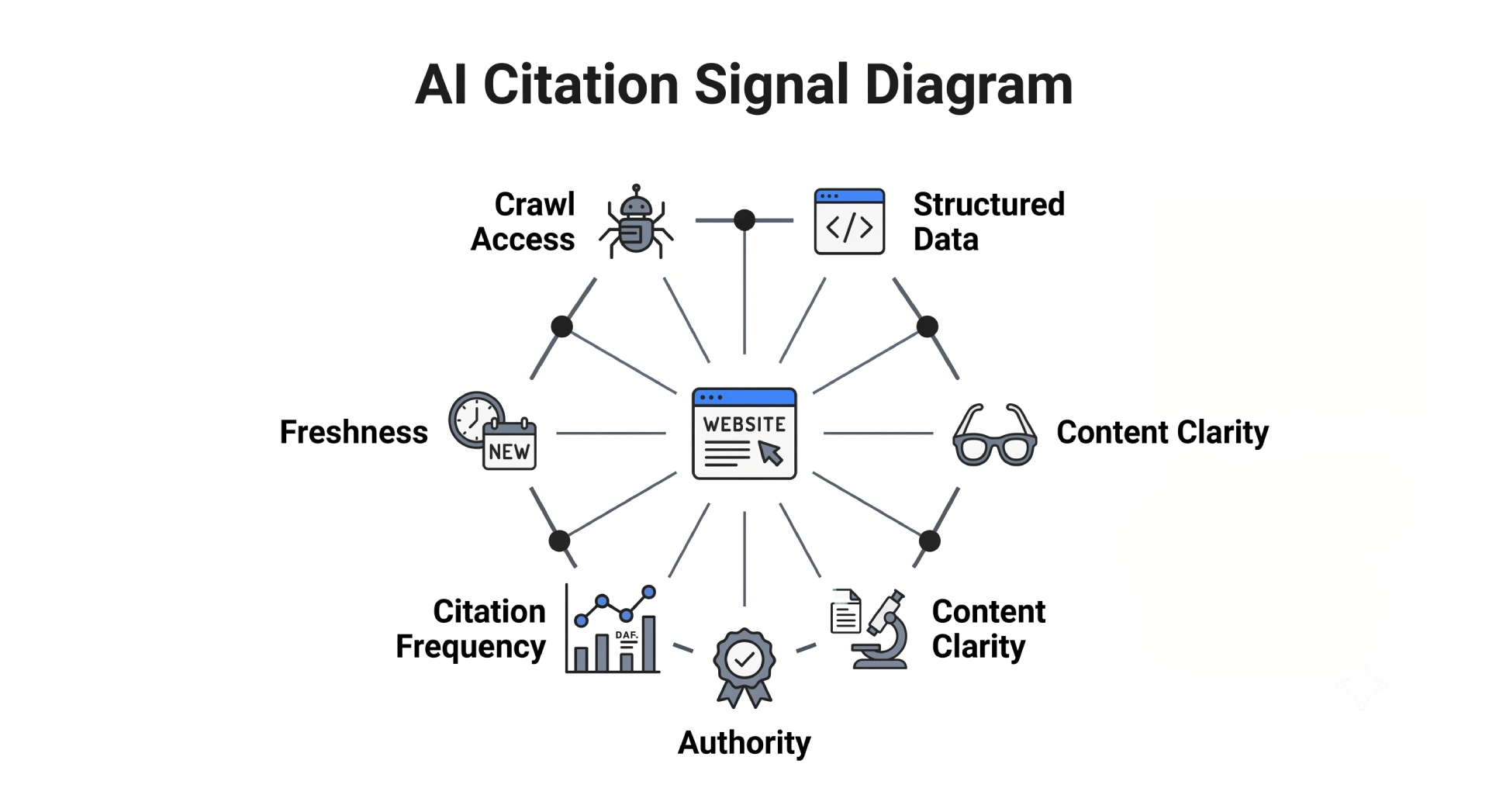A hub-and-spoke diagram titled "AI Citation Signal Diagram" illustrating various ranking signals—Crawl Access, Structured Data, Content Clarity, Authority, Citation Frequency, and Freshness—pointing inward to a central "Website" icon.