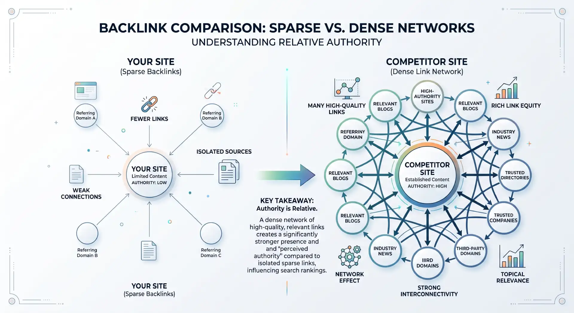 Diagram comparing a site's sparse backlinks to a competitor's dense link network, showing how authority is relative