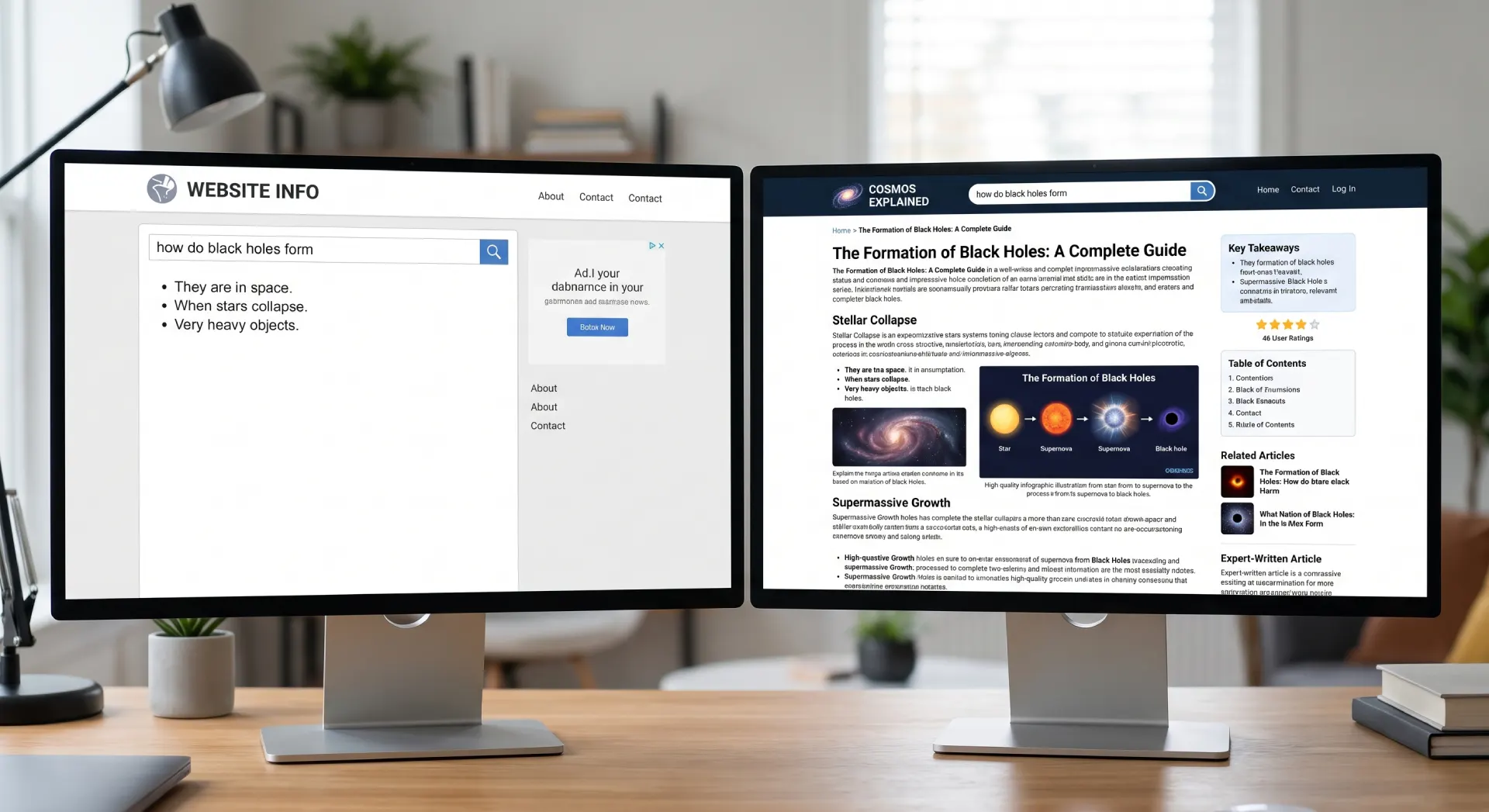 Side by side of a thin page missing key answers and a complete page that fully answers a search query