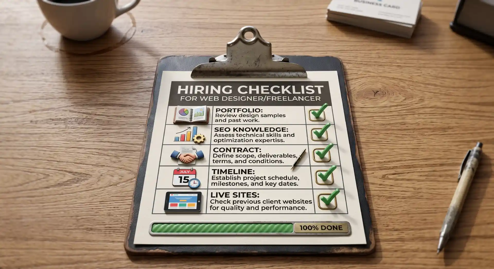 Clipboard on a wooden desk, displaying a fully completed "Hiring Checklist for Web Designer/Freelancer" with green checkmarks and a "100% DONE" progress bar.