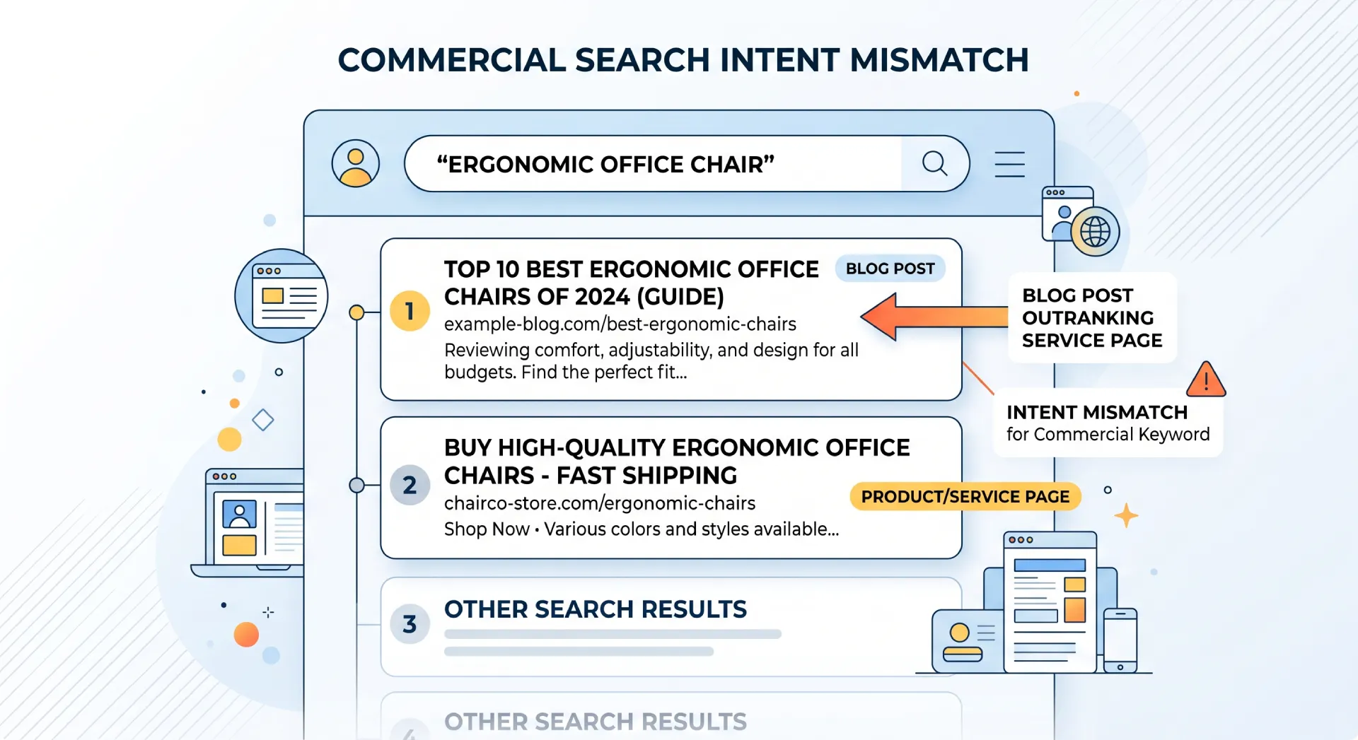 Search results with a blog post outranking a service page for a commercial keyword, an intent mismatch