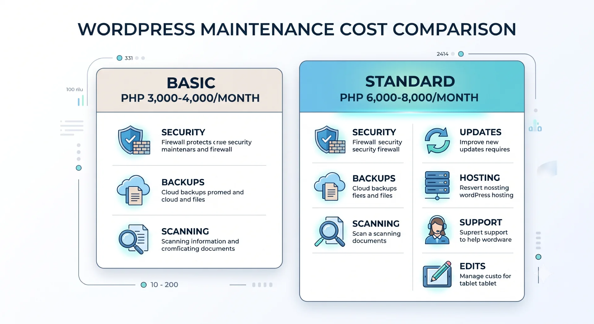 WordPress maintenance pricing comparison displaying Basic plan at PHP 3,000 to 4,000 per month with security, backups, and scanning, and Standard plan at PHP 6,000 to 8,000 per month including additional updates, hosting, support, and website edits