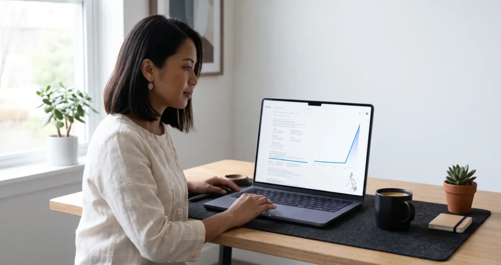 Why your website is stuck on page 2 or 3 in Google search results, with an upward arrow breaking through to page 1, shown as an Electric Blue graph on a laptop screen