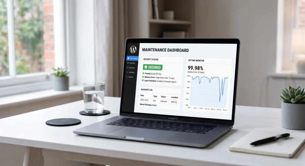 WordPress maintenance dashboard showing security monitoring, backup status, and uptime report on a laptop screen