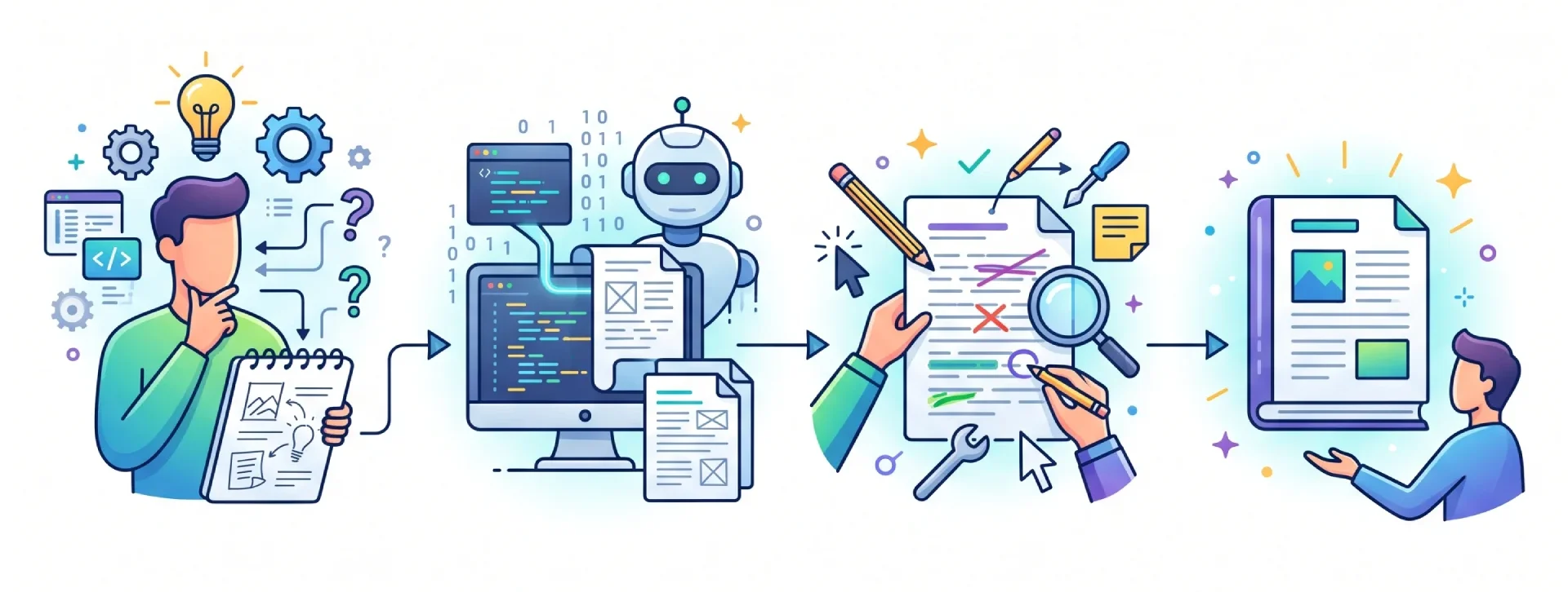 Four-step workflow showing human thinking and editing bracketing AI drafting