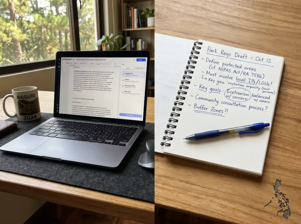 A split desk setup with a laptop showing an AI drafting interface on one side and a notepad with a handwritten pen draft on the other, a subtle Philippines map node in the corner